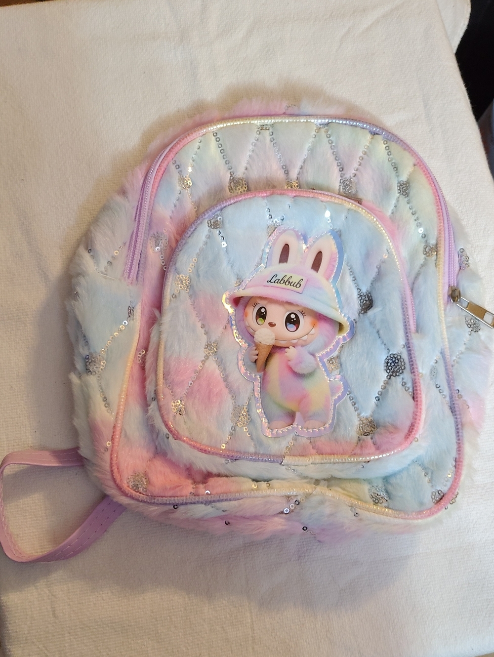 Pastel Labubu Plush Kids Backpack with Sequins - Small